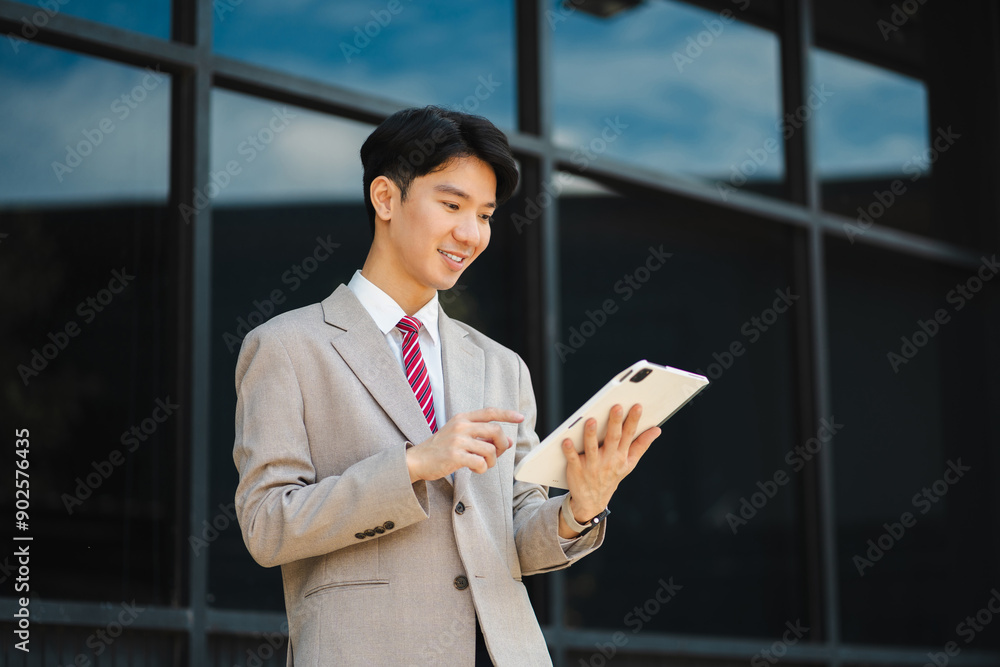 Fototapeta premium Professional businessman using digital tablet computer, smartphone and holding coffee to go while working at office.