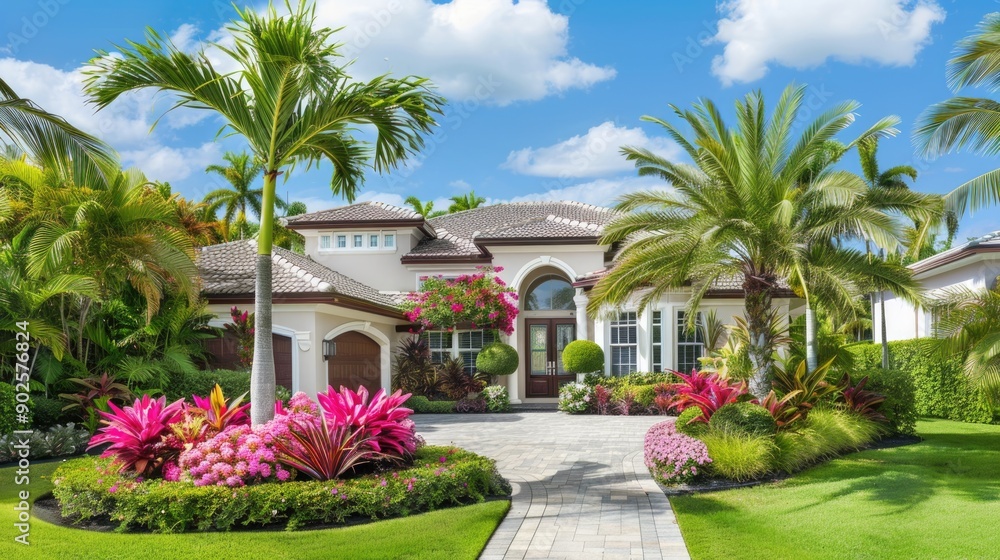 Facade of a beautiful house with a front garden of palm trees, short grass and tropical plants Facade of a beautiful house with a front garden of palm trees, short grass and tropical plants