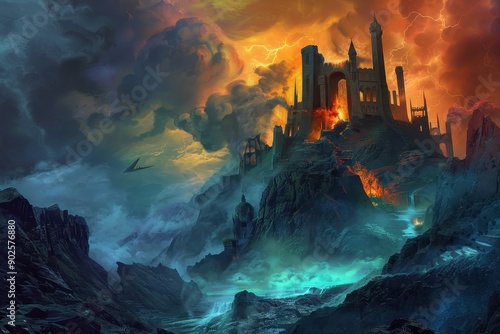 Dark Fantasy Castle in Fiery Storm Overlooks Raging Sea photo