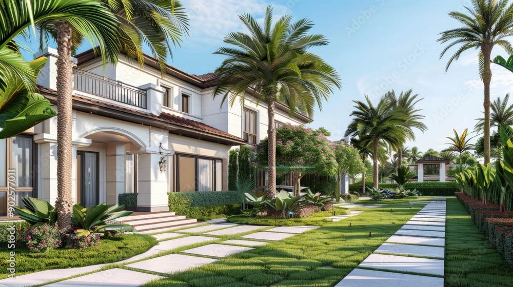 Facade of a beautiful house with a front garden of palm trees, short grass and tropical plants Facade of a beautiful house with a front garden of palm trees, short grass and tropical plants