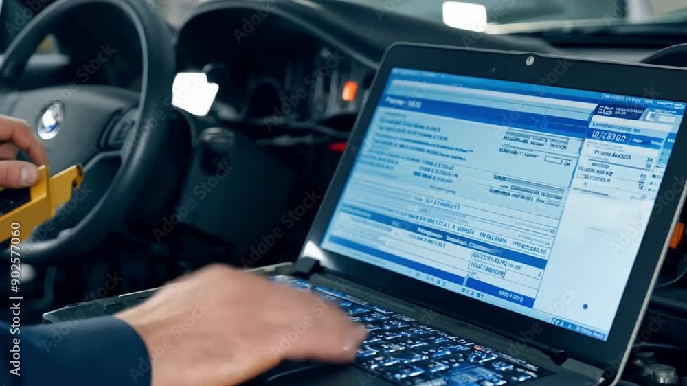 A mechanic inspecting an automobile's engine on a laptop A mechanic inspecting an automobile's engine on a laptop