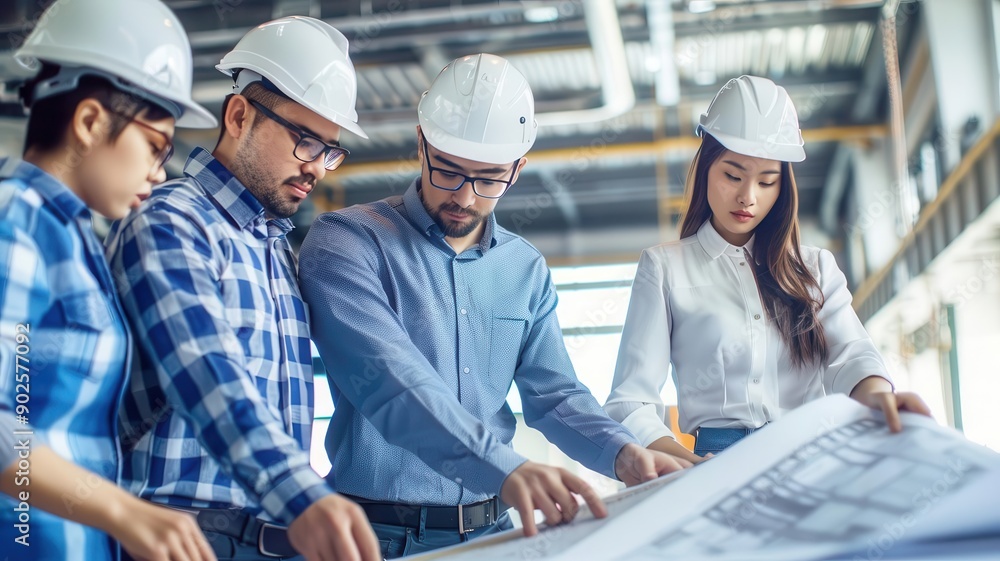 A group of professionals in hard hats collaborating over architectural plans on a construction site, showcasing teamwork and planning. A group of professionals in hard hats collaborating over architectural plans on a construction site, showcasing teamwork and planning.