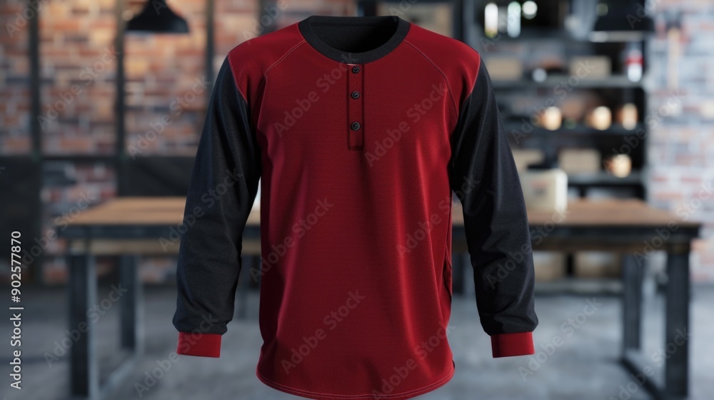 A red and black shirt hangs from a hook on a wall, awaiting use or display A red and black shirt hangs from a hook on a wall, awaiting use or display