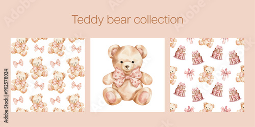 Vector teddy bear illustration collection. Set of seamless pattern design for a baby show, girly birthday party. Watercolour cute illustration.