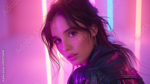 Woman in leather jacket with neon pink and blue lights