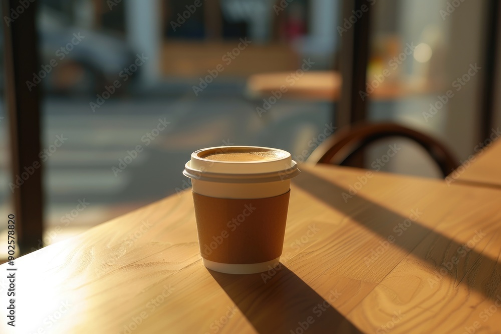 A coffee cup sits on top of a wooden table, ready for use A coffee cup sits on top of a wooden table, ready for use