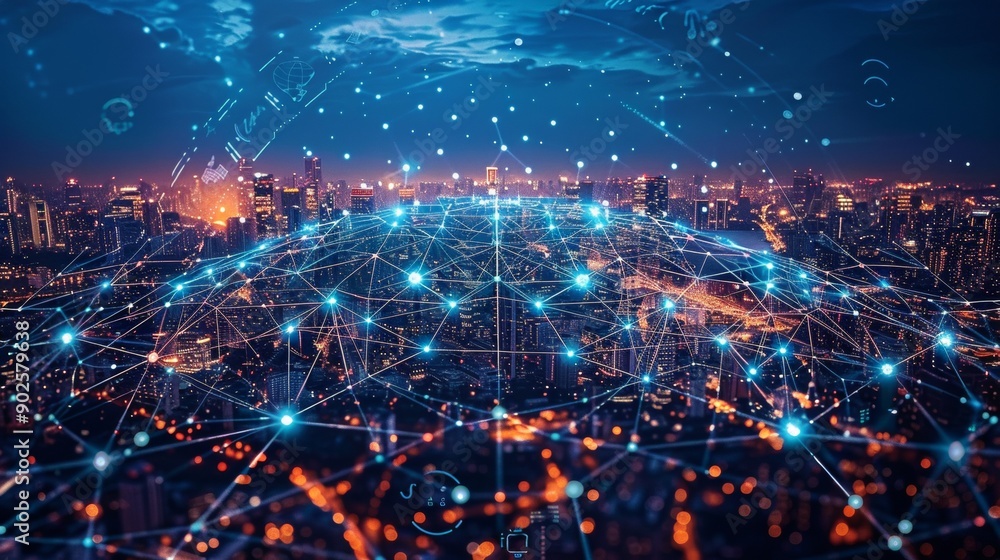 A digital network spreading across the globe, connecting major cities and landmarks A digital network spreading across the globe, connecting major cities and landmarks