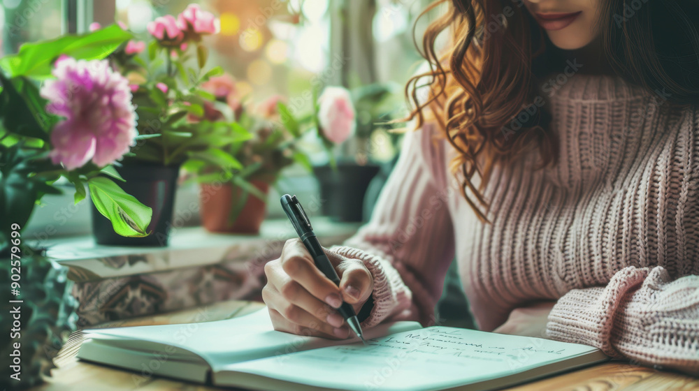 the girl writes a letter with a pen on paper. The day of writing letters to the future. the girl writes a letter with a pen on paper. The day of writing letters to the future.