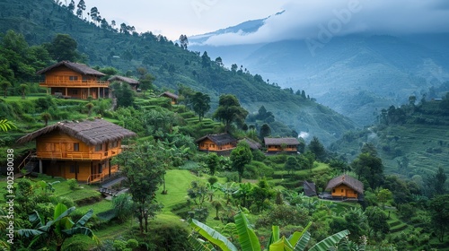 Wallpaper Mural A landscape view of a sustainable eco-lodge nestled in a lush valley, blending harmoniously with nature Torontodigital.ca
