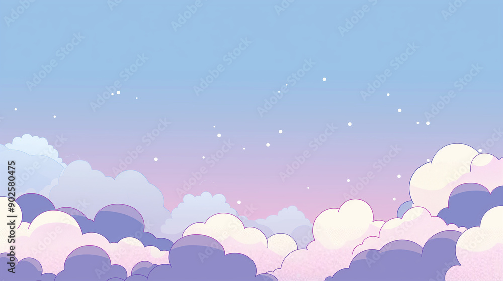 sky with fluffy clouds of varying sizes and shapes. The clouds are depicted in shades of purple, pink, and white. The sky transitions from a light blue at the top to a deeper blue towards the horizon. sky with fluffy clouds of varying sizes and shapes. The clouds are depicted in shades of purple, pink, and white. The sky transitions from a light blue at the top to a deeper blue towards the horizon.