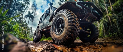 A big wheel of the 4x4 off-road car driving on terrain route in the jungle