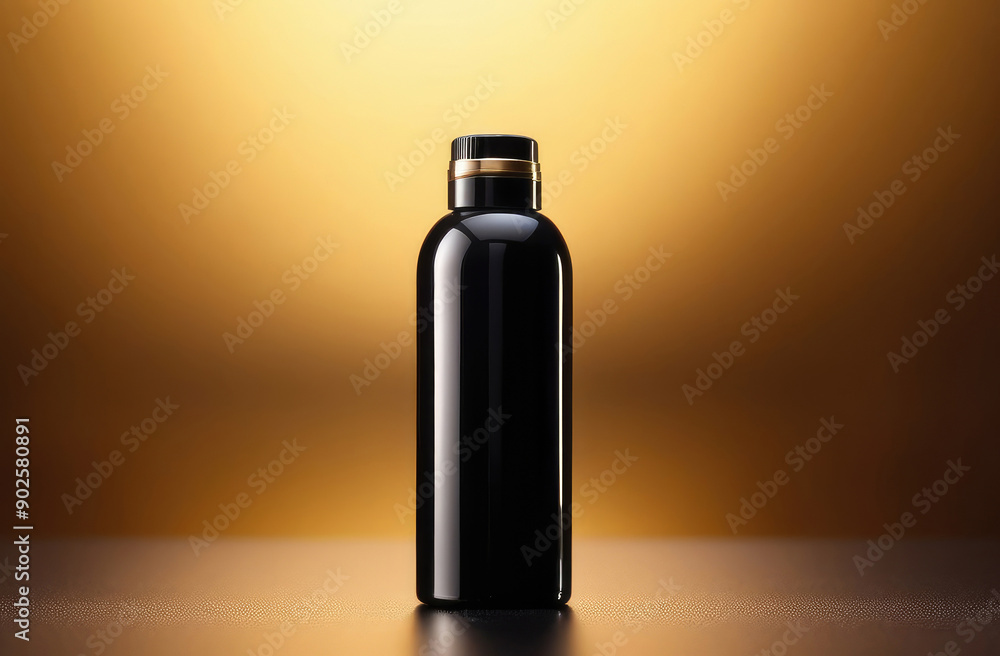 black plastic bottle of cosmetics in minimal style, product display on abstract golden background. black plastic bottle of cosmetics in minimal style, product display on abstract golden background.