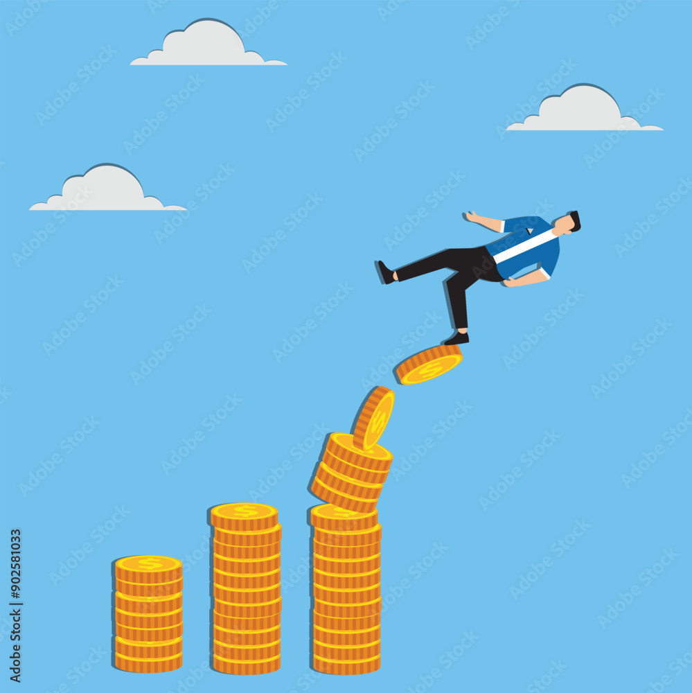 Financial instability uncertainty or unstable investment market risky situation or economic recession crisis or bankruptcy concept businessman investor falling from stack of unstable money coins Financial instability uncertainty or unstable investment market risky situation or economic recession crisis or bankruptcy concept businessman investor falling from stack of unstable money coins