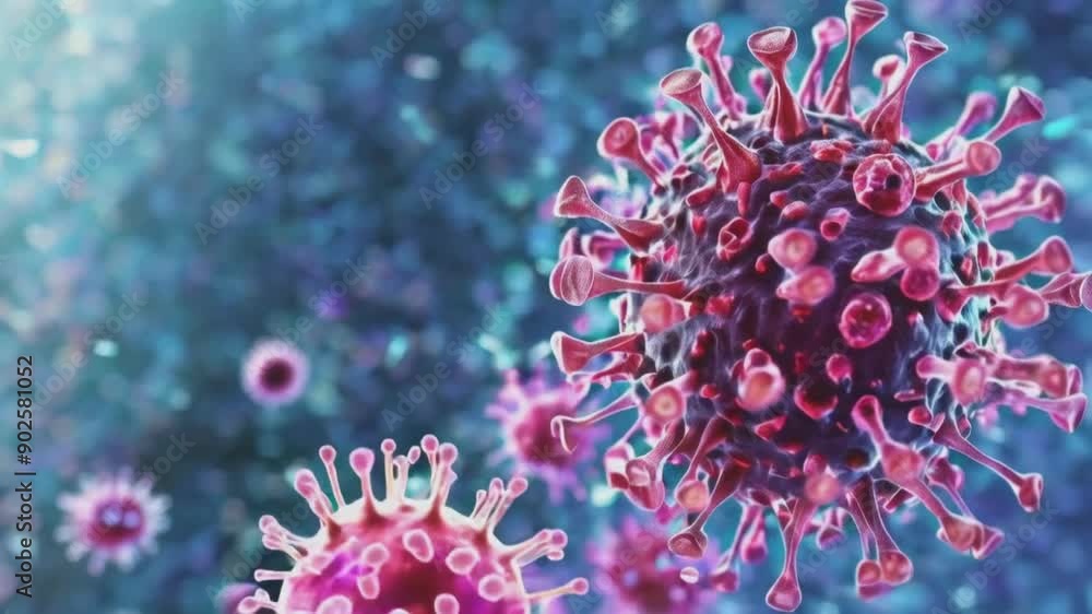 Close-up view of a virus or bacteria under a microscope, illustrating the detailed structure of viral particles, useful for scientific and medical contexts. Close-up view of a virus or bacteria under a microscope, illustrating the detailed structure of viral particles, useful for scientific and medical contexts.