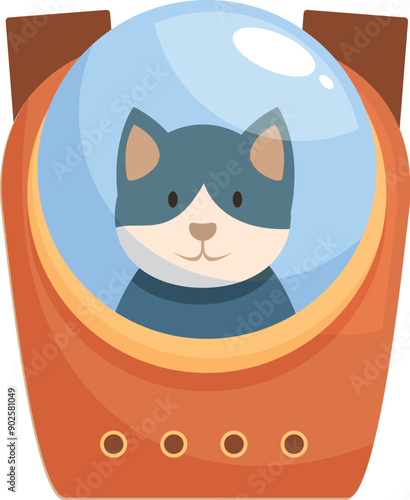 Cartoon cat astronaut in space suit is sitting in rocket capsule and getting ready for spaceflight