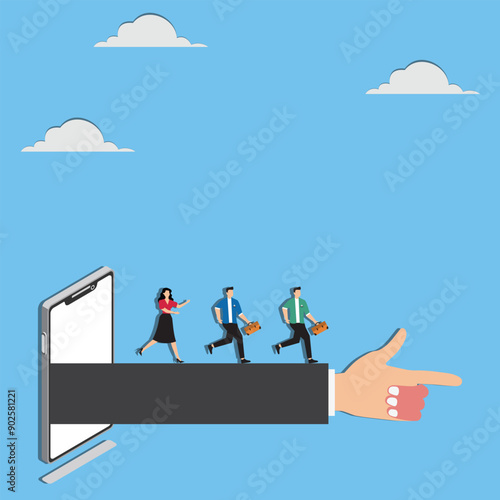 Thought leadership influencer or key opinion leader KOL social marketing for advertising campaign lead or influence by expert person concept hand pointing from mobile with people follow the way