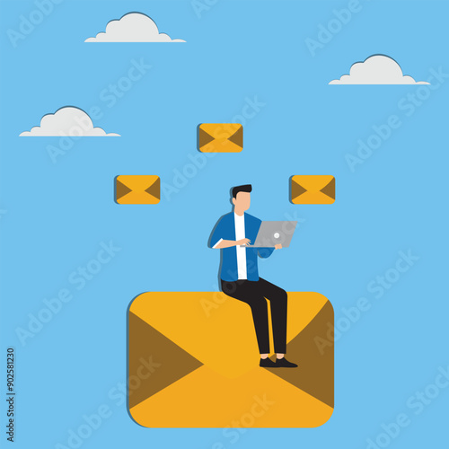 Email management handle many emails or manage to reply all emails efficiency or productive way prioritize or categorize information concept businessman work with computer laptop on email envelope