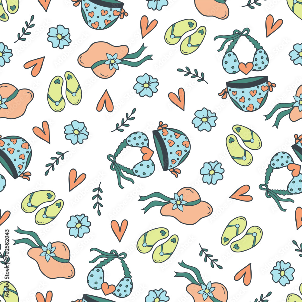 Obraz premium Summer seamless pattern with swimsuit, flip flops, flower, branch and heart.