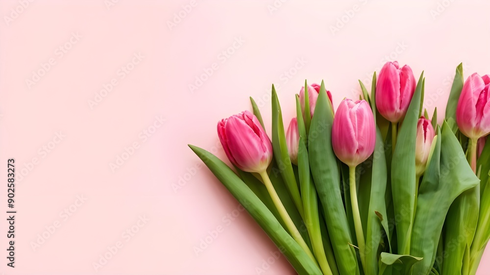 Fototapeta premium bouquet of pink tulips, birthday background.