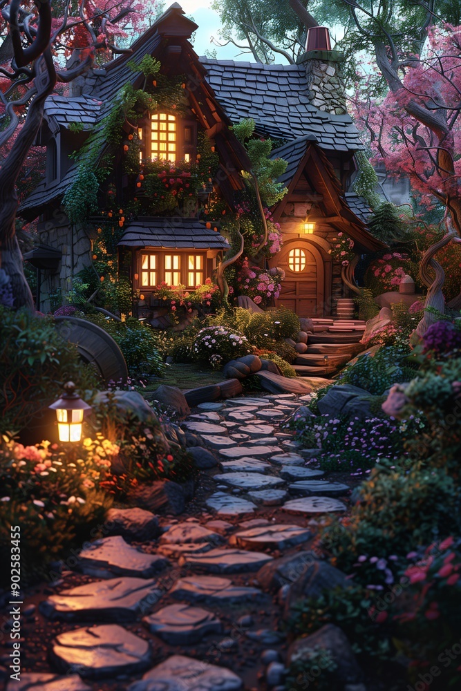 Illustration of A fantasy house in the middle of a field of flowers Illustration of A fantasy house in the middle of a field of flowers