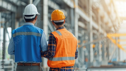 A group of engineering professionals using a tablet device to review and analyze wind turbine specifications and technical details in a deep field or factory setting