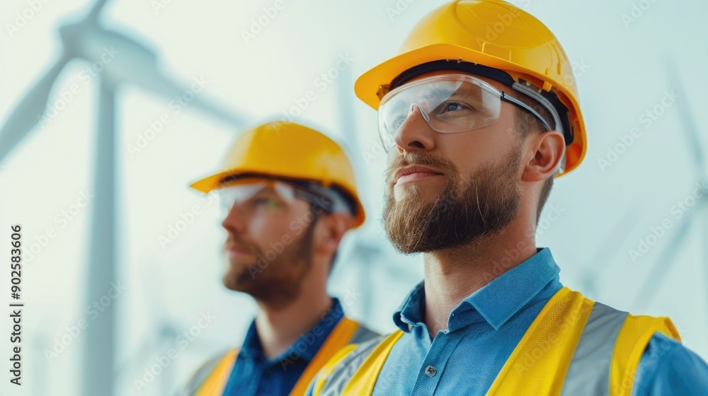 Portrait of two engineers in protective gear inspecting and testing prototype wind turbine blades in a high tech laboratory setting with a deep depth of field Portrait of two engineers in protective gear inspecting and testing prototype wind turbine blades in a high tech laboratory setting with a deep depth of field