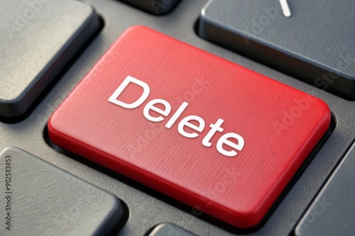 Red delete button on a black keyboard. Concept of technology, computer use, digital cleaning photo