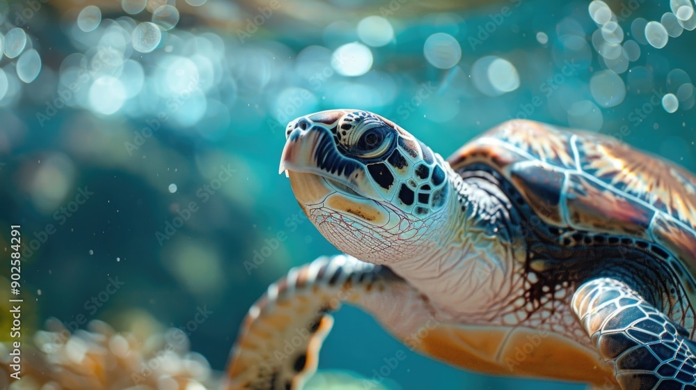 Fototapeta premium Close-Up of Sea Turtle with Clean Ocean Background, Detailed and Vibrant, Marine Life Preservation