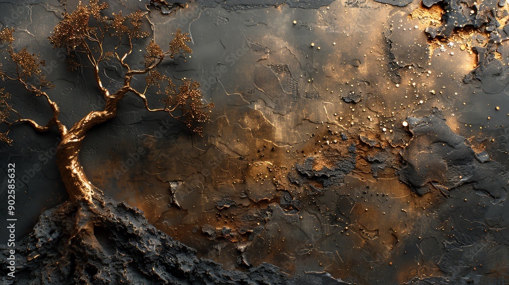 Abstract textured art featuring a tree with metallic accents on a dark background, evoking a sense of nature and mystery. Abstract textured art featuring a tree with metallic accents on a dark background, evoking a sense of nature and mystery.