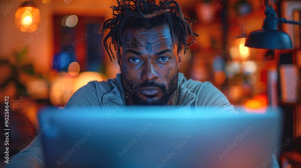Focused Individual Working Late at Night on Computer in Cozy Room Environment Focused Individual Working Late at Night on Computer in Cozy Room Environment
