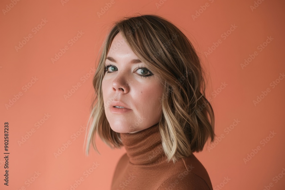 Fototapeta premium Close up of woman with shoulder-length blonde hair, heavy eyeliner and brown turtleneck sweater against a coral background, 1960s editorial
