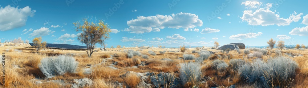 Expansive Desert Landscape with a Solar Farm, Embracing Renewable Energy and Sustainable Development in a Breathtaking Setting Expansive Desert Landscape with a Solar Farm, Embracing Renewable Energy and Sustainable Development in a Breathtaking Setting