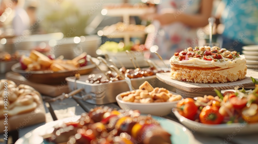 A delightful image of an outdoor buffet table filled with an assortment of desserts and savory dishes, showcasing a festive and abundant spread ready for a celebratory feast. A delightful image of an outdoor buffet table filled with an assortment of desserts and savory dishes, showcasing a festive and abundant spread ready for a celebratory feast.