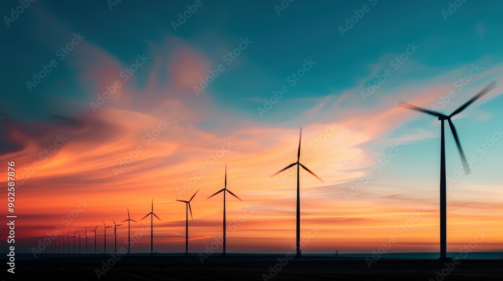 A scenic row of wind turbines standing tall, silhouetted against a vibrant, colorful sunset sky with dramatic clouds, symbolizing renewable energy and sustainability. A scenic row of wind turbines standing tall, silhouetted against a vibrant, colorful sunset sky with dramatic clouds, symbolizing renewable energy and sustainability.
