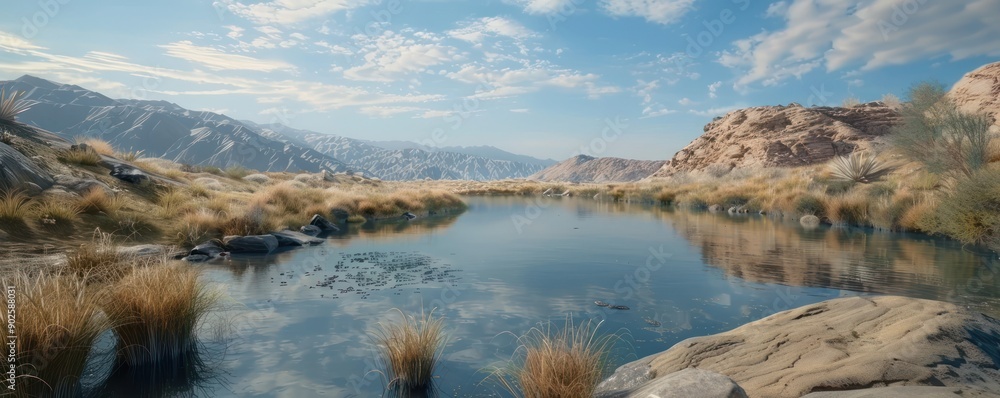 Stunning Desert Oasis A Tranquil Reflection of Nature's Beauty in a Remote Landscape, Where Wildlife Thrives Amidst Rugged Terrain and Clear Blue Skies Stunning Desert Oasis A Tranquil Reflection of Nature's Beauty in a Remote Landscape, Where Wildlife Thrives Amidst Rugged Terrain and Clear Blue Skies