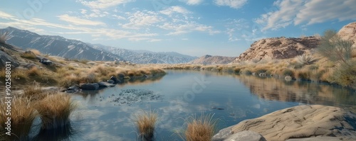 Stunning Desert Oasis A Tranquil Reflection of Nature's Beauty in a Remote Landscape, Where Wildlife Thrives Amidst Rugged Terrain and Clear Blue Skies