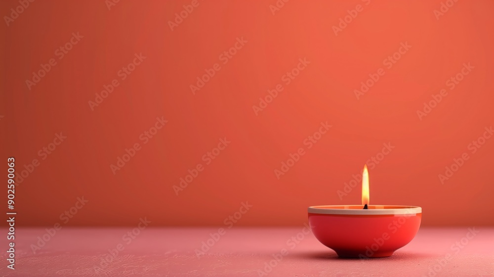 A single diya lamp ignites on a pink surface with an orange background A single diya lamp ignites on a pink surface with an orange background