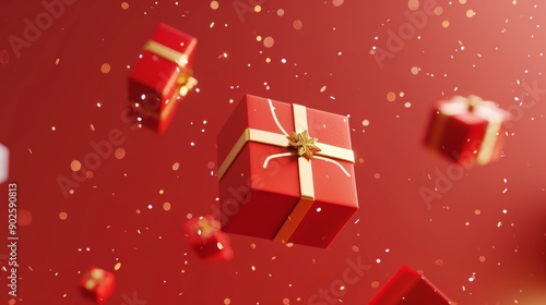 Wallpaper Mural Red gift boxes with golden ribbons floating against a red background with sparkling confetti. Perfect for festive holiday themes. Torontodigital.ca