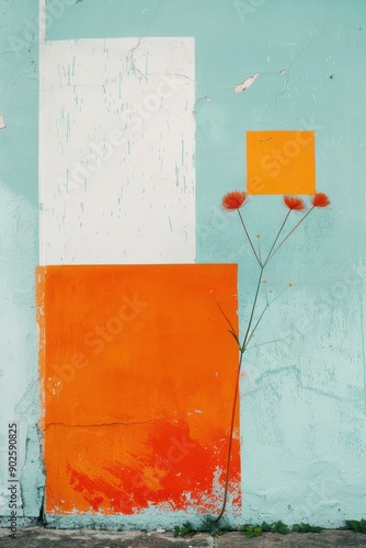 Bright Abstract Wall Featuring Bold Geometric Shapes and a Touch of Nature photo