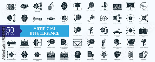 Artificial intelligence icon collection set with machine learning, neural network, speech recognition, image processing, spam filtering
