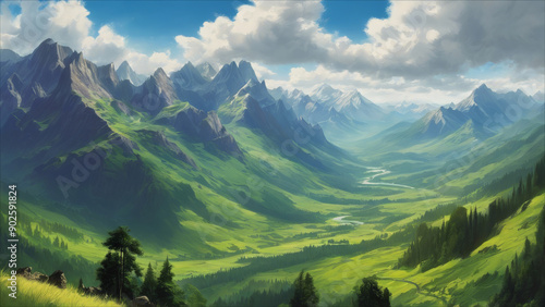 A realistic style oil painting depicting the landscape of mountains and forests.
