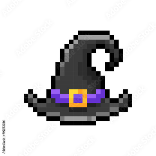 Black witch hat with purple belt isolated on transparent background. Wizard hat icon. Halloween costume element. Vector pixel art illustration in 16 bit old style.