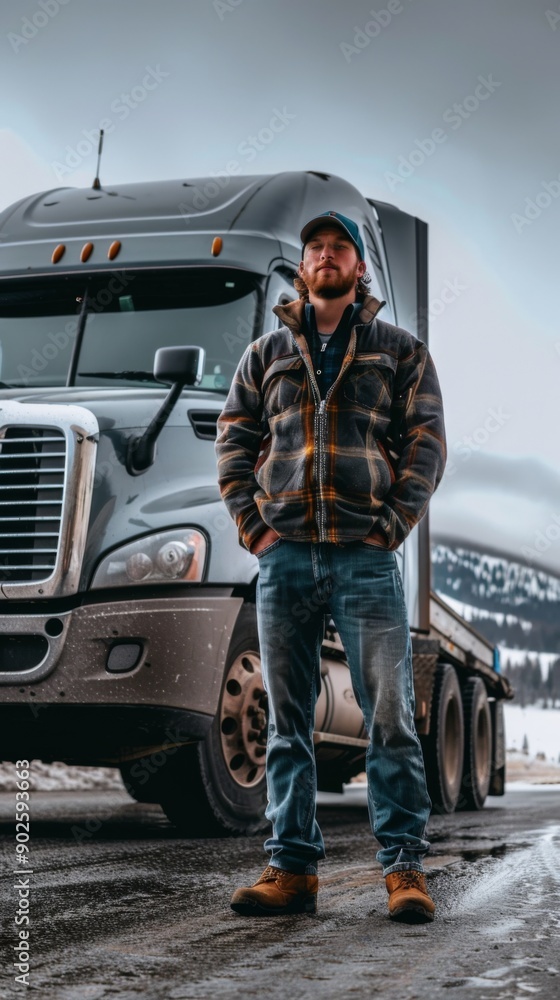 Confident Trucker Standing Next to Freight Truck During Cross-Country Journey in Scenic Winter Landscape