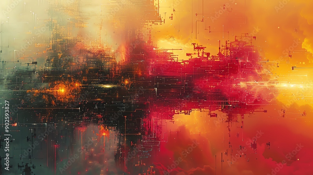 Abstract digital art with vibrant colors, showcasing a futuristic cityscape with a blend of technology and organic elements. Abstract digital art with vibrant colors, showcasing a futuristic cityscape with a blend of technology and organic elements.