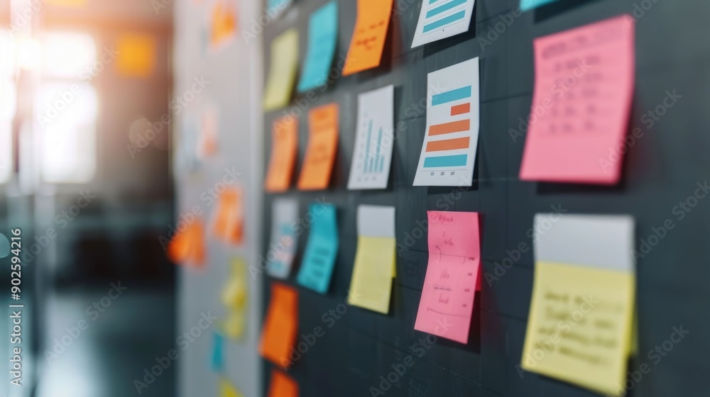 Creative Business Strategy Session with Charts Graphs and Sticky Notes on Display Showcasing Collaborative Problem Solving and Data Driven Decision Making Creative Business Strategy Session with Charts Graphs and Sticky Notes on Display Showcasing Collaborative Problem Solving and Data Driven Decision Making