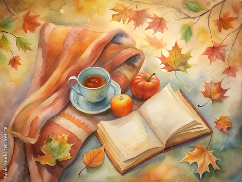 Painting of a cup of tea and a book with a maple leaf on it photo