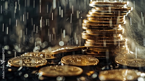 Close-Up of Gold and Silver Coins Stacked Under an Umbrella with Rain Drops on Black Background Illustrating Money Saving and Business Protection Concepts photo