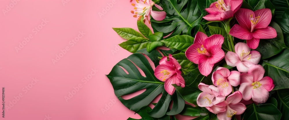 Creative Summer Flat Lay With Nature Flowers And Plants Concept On A Pink And Black Background, Highlighting Beauty And Creativity Creative Summer Flat Lay With Nature Flowers And Plants Concept On A Pink And Black Background, Highlighting Beauty And Creativity