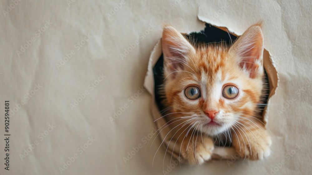 A Kitten Peeking through a Paper Wall A Kitten Peeking through a Paper Wall