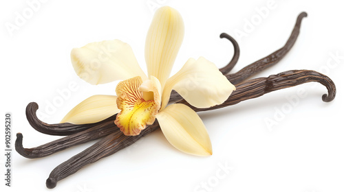 one single vanilla orchid flower and stick pods on white background
